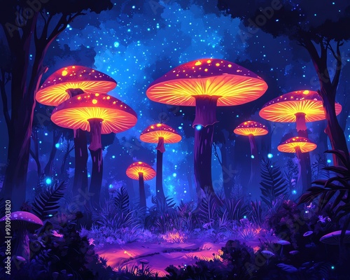 Enchanting forest scene with glowing mushrooms under a starry night sky, creating a mystical and surreal atmosphere.