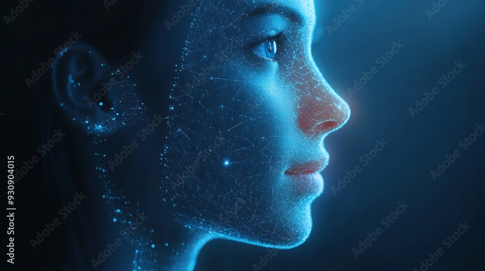 Futuristic digital portrait of a woman with glowing particles representing technology and innovation. Futuristic digital portrait of a woman with glowing particles representing technology and innovation.