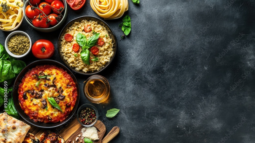 Stylish Italian food with copy space, showcasing a variety of traditional dishes like risotto, pasta, and pizza. Stylish Italian food with copy space, showcasing a variety of traditional dishes like risotto, pasta, and pizza.