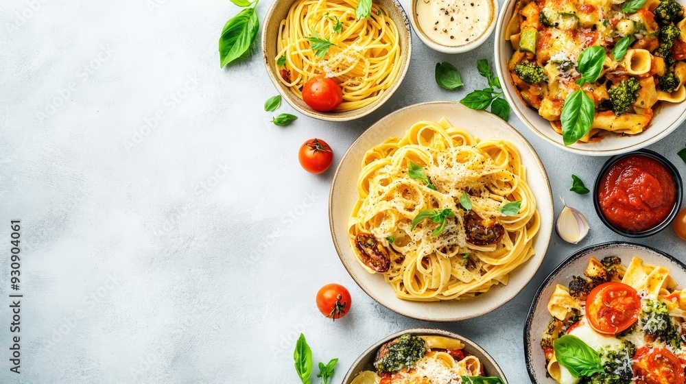 Stylish Italian pasta with copy space, featuring a variety of pasta dishes with elegant plating and garnishes. Stylish Italian pasta with copy space, featuring a variety of pasta dishes with elegant plating and garnishes.