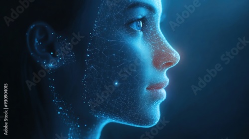 Futuristic digital portrait of a woman with glowing particles representing technology and innovation.