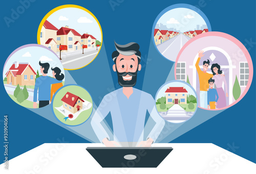 A man searches for real estate on a computer. Search for Real Estate, Property and Homes.