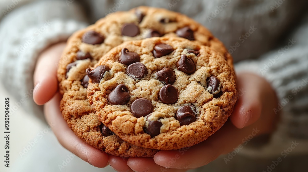 Close-Up of Child's Hand Holding Chocolate Chip Cookies on White Background with Copy Space for Text - Web Banner Design Close-Up of Child's Hand Holding Chocolate Chip Cookies on White Background with Copy Space for Text - Web Banner Design