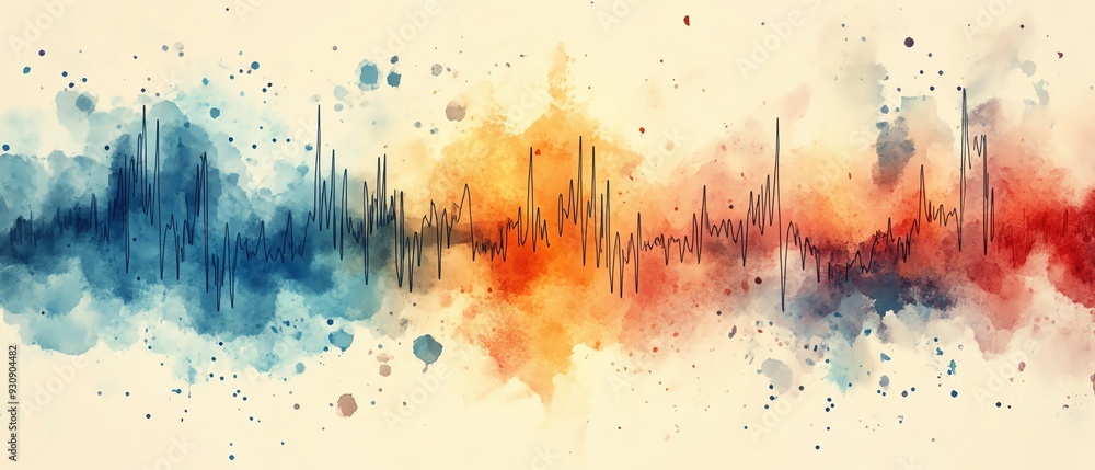 Fototapeta premium Vibrant watercolor sound wave , blending colors of blue, orange, and red. Perfect for music and art themes.