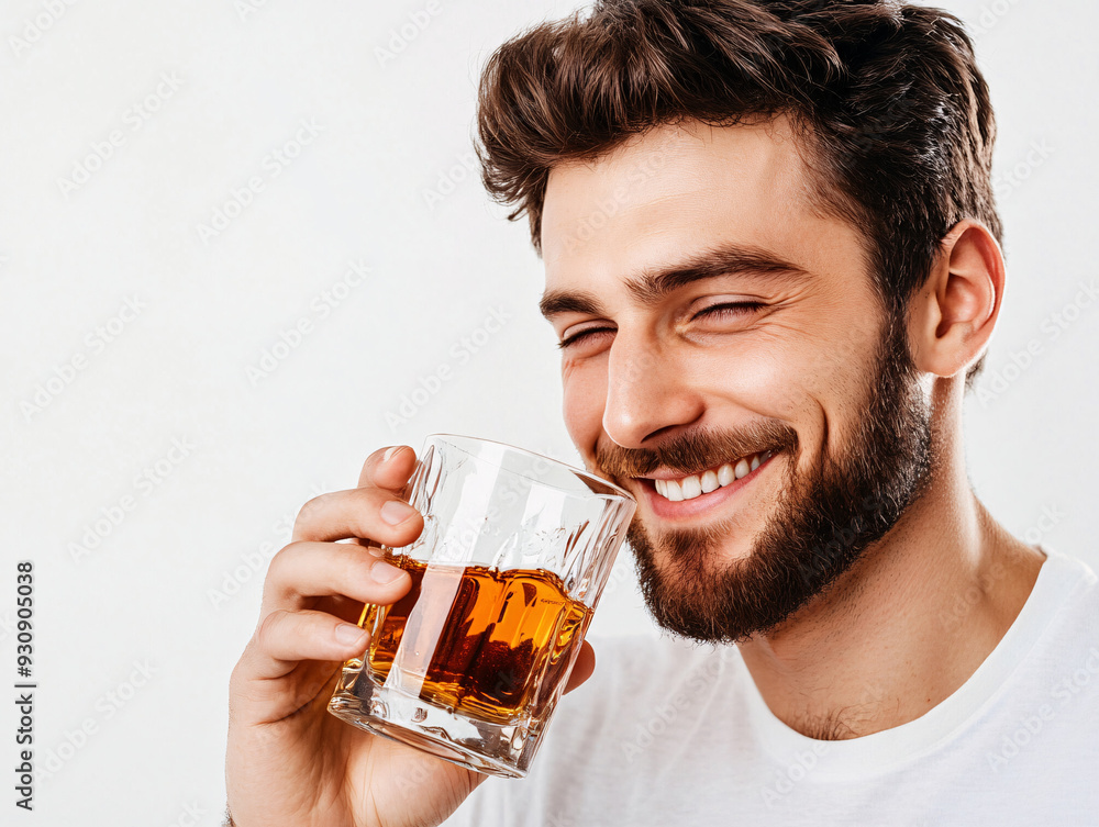 A smiling man drinking a glass of alcoholic beverage in a social gathering or celebration. A smiling man drinking a glass of alcoholic beverage in a social gathering or celebration.