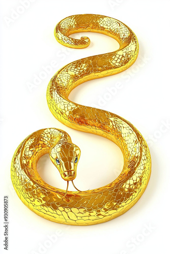 Golden Snake Isolated on White Background, Luxurious Metallic Texture, Elegant Reptile Design, Shimmering Scales, High-Contrast Visuals, Exotic Animal Illustration