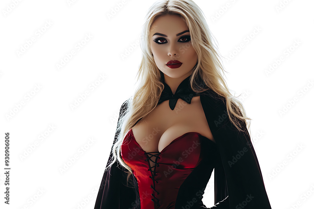 Halloween, Close-up of a gothic vampire woman with piercing red eyes, dark makeup, and lace attire, exuding a mysterious, seductive aura.
Halloween, Close-up of a gothic vampire woman with piercing red eyes, dark makeup, and lace attire, exuding a mysterious, seductive aura.