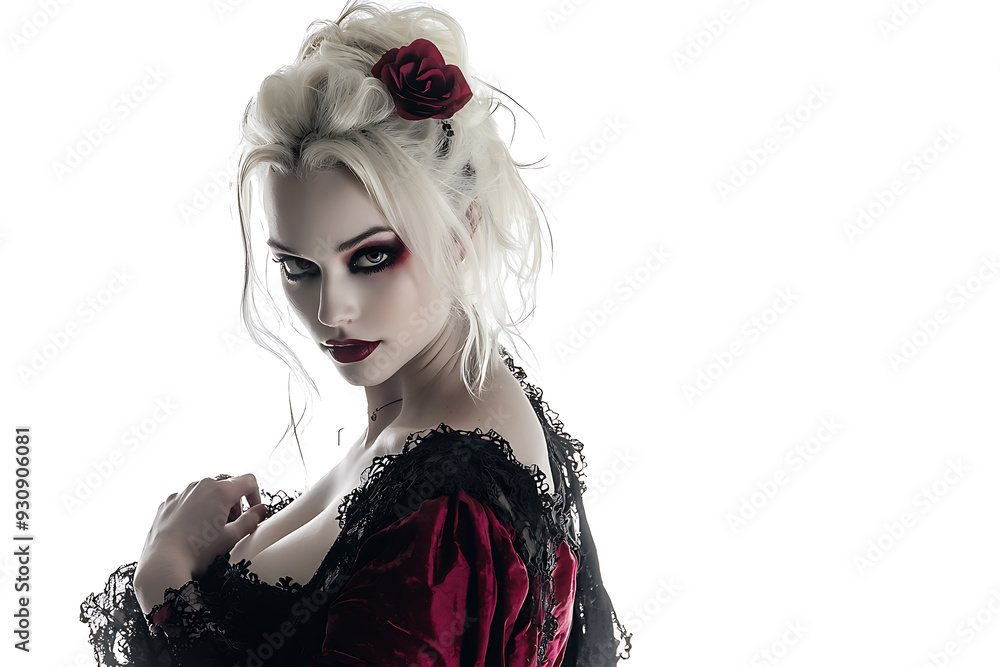 Halloween, Close-up of a gothic vampire woman with piercing red eyes, dark makeup, and lace attire, exuding a mysterious, seductive aura.
Halloween, Close-up of a gothic vampire woman with piercing red eyes, dark makeup, and lace attire, exuding a mysterious, seductive aura.