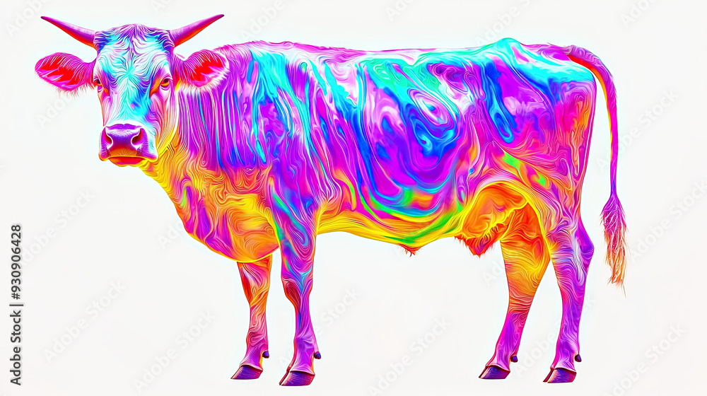 Vibrant and Surreal Image of a Cow with Radiant Psychedelic Pattern, Featuring Swirls, Isolated on White Background, Colorful Abstract Design, Artistic Animal Portrait, Dynamic Visuals Vibrant and Surreal Image of a Cow with Radiant Psychedelic Pattern, Featuring Swirls, Isolated on White Background, Colorful Abstract Design, Artistic Animal Portrait, Dynamic Visuals