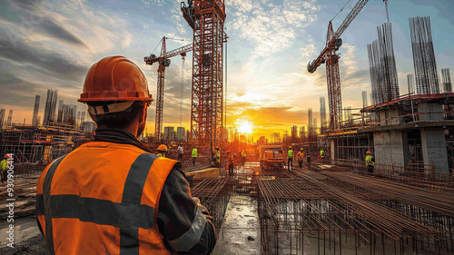 A busy construction site filled with construction workers engaged in various tasks, lifting heavy materials, pouring concrete,