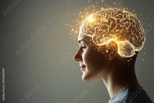 Side profile of a woman with a glowing brain illuminated by golden neural pathways representing creativity intelligence and mental energy in a high tech futuristic setting