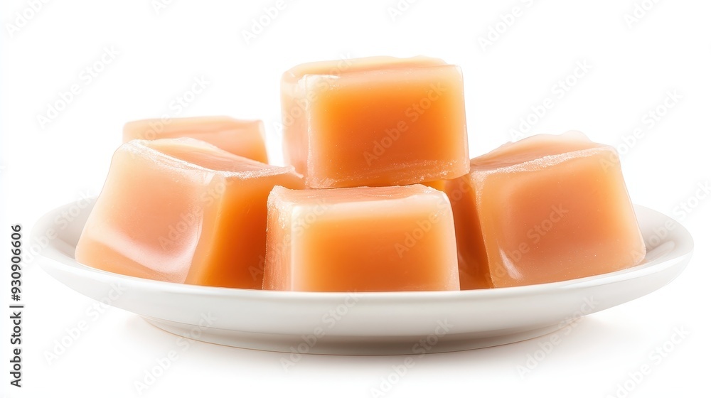 A plate of small, square candies sits on a white background A plate of small, square candies sits on a white background