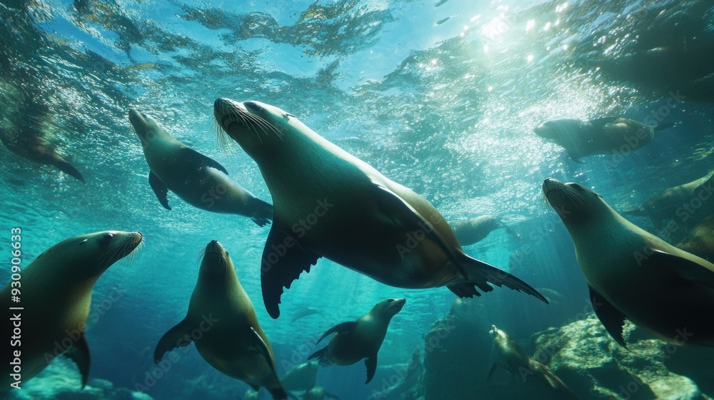 Obraz premium Sea Lions Swimming Underwater