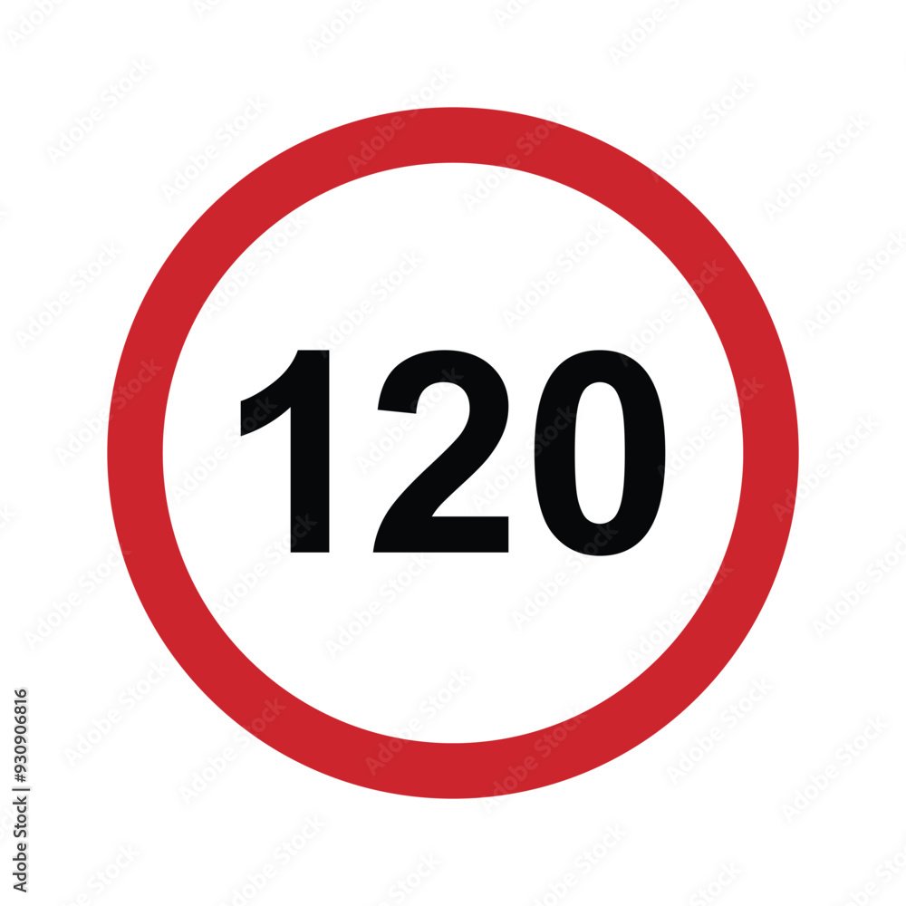 Speed limit 120 round road traffic icon sign flat style design vector illustration isolated on white background. Circle standard road sign with number 120kmh. Speed limit 120 round road traffic icon sign flat style design vector illustration isolated on white background. Circle standard road sign with number 120kmh.