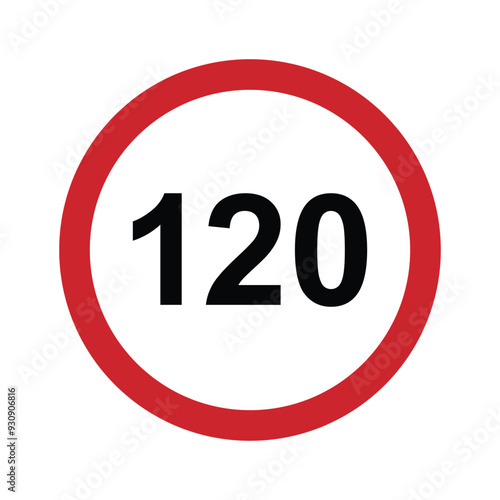 Speed limit 120 round road traffic icon sign flat style design vector illustration isolated on white background. Circle standard road sign with number 120kmh.