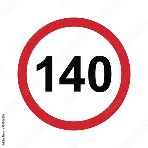 Speed limit 140 round road traffic icon sign flat style design vector illustration isolated on white background. Circle standard road sign with number 140kmh.