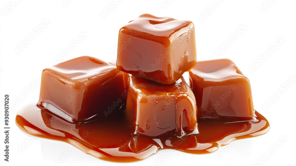 Caramel Candies with Caramel Sauce Isolated on White Background, Sweet Confectionery, Rich Syrup, Delicious Dessert Treat, Creamy Texture, Indulgent Snack, Gourmet Candy Caramel Candies with Caramel Sauce Isolated on White Background, Sweet Confectionery, Rich Syrup, Delicious Dessert Treat, Creamy Texture, Indulgent Snack, Gourmet Candy