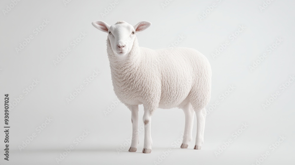 Fototapeta premium A white sheep stands in front of a white background