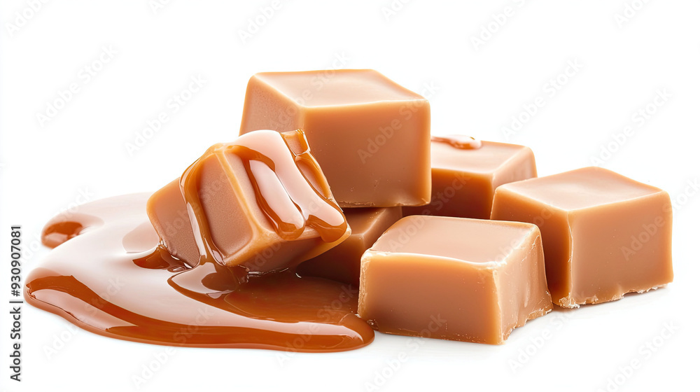 Caramel Candies with Caramel Sauce Isolated on White Background, Sweet Confectionery, Rich Syrup, Delicious Dessert Treat, Creamy Texture, Indulgent Snack, Gourmet Candy Caramel Candies with Caramel Sauce Isolated on White Background, Sweet Confectionery, Rich Syrup, Delicious Dessert Treat, Creamy Texture, Indulgent Snack, Gourmet Candy
