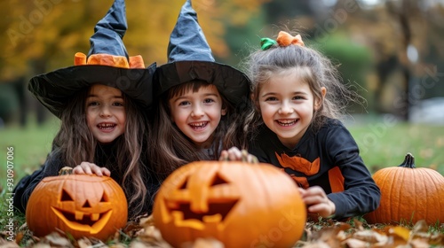 Three children in witch hats carving pumpkins outdoors in autumn photo