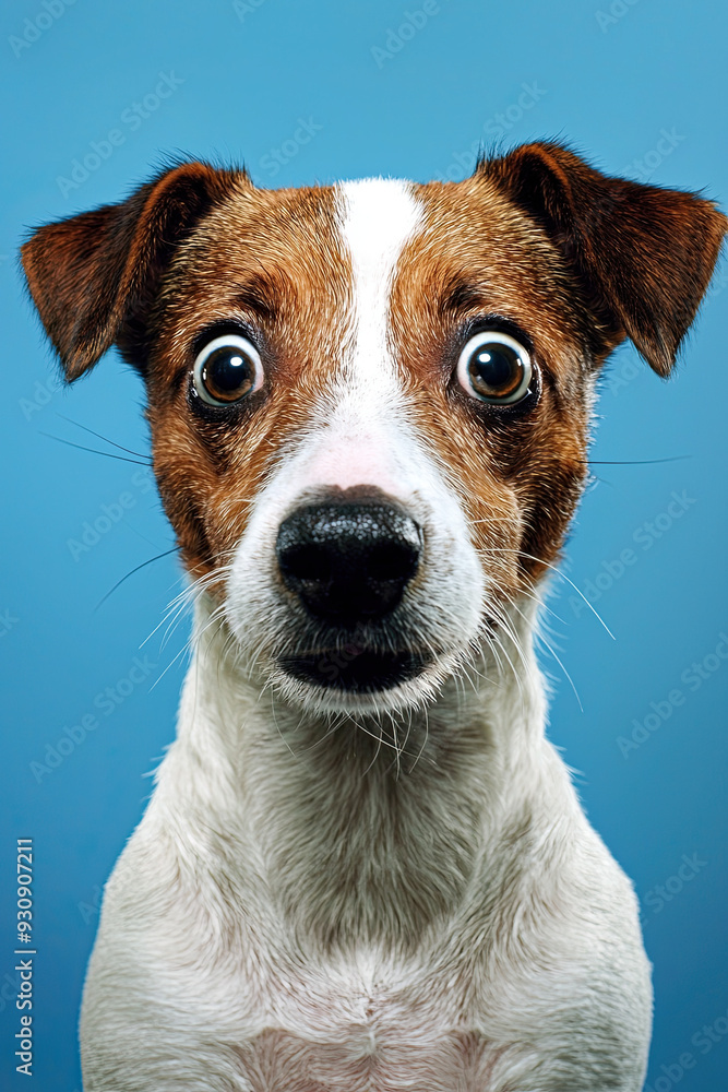 Dog with Surprised Shock Expression, Wide Eyes Isolated on Blue Background, Emotional Pet Portrait, Expressive Canine, Cute Animal Reaction, Funny Dog Photography, Vibrant Backdrop Dog with Surprised Shock Expression, Wide Eyes Isolated on Blue Background, Emotional Pet Portrait, Expressive Canine, Cute Animal Reaction, Funny Dog Photography, Vibrant Backdrop