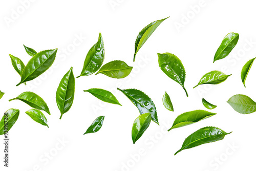 A vibrant arrangement of fresh green tea leaves scattered across a clean white background. The floating leaves create a dynamic, natural pattern with ample copy space