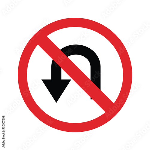 Circular single white, red and black no u-turn sign with bolts at top and bottom over isolated background