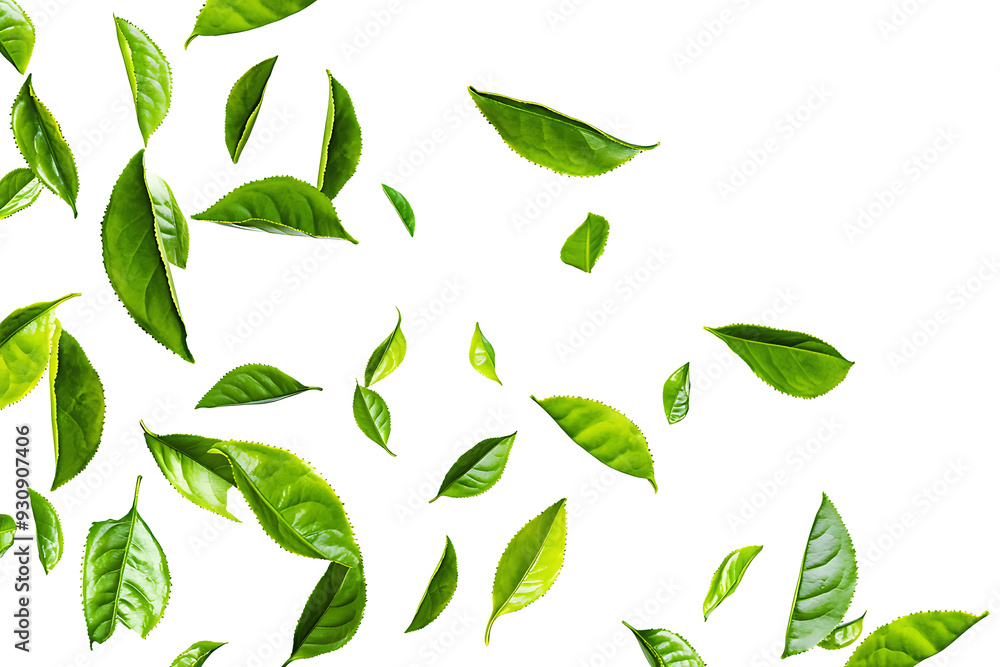 A vibrant arrangement of fresh green tea leaves scattered across a clean white background. The floating leaves create a dynamic, natural pattern with ample copy space A vibrant arrangement of fresh green tea leaves scattered across a clean white background. The floating leaves create a dynamic, natural pattern with ample copy space