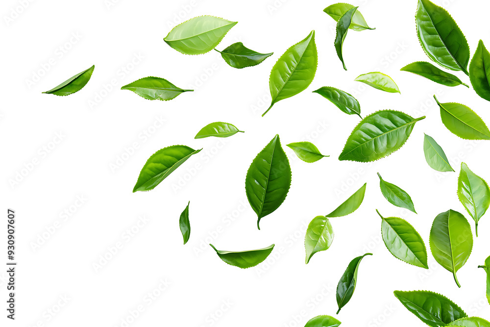 A vibrant arrangement of fresh green tea leaves scattered across a clean white background. The floating leaves create a dynamic, natural pattern with ample copy space A vibrant arrangement of fresh green tea leaves scattered across a clean white background. The floating leaves create a dynamic, natural pattern with ample copy space