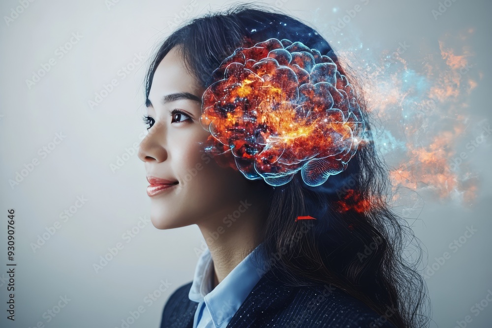 Portrait of a woman with a glowing brain surrounded by fiery abstract elements representing intense creativity passion and the power of thoughts in a vibrant conceptual design