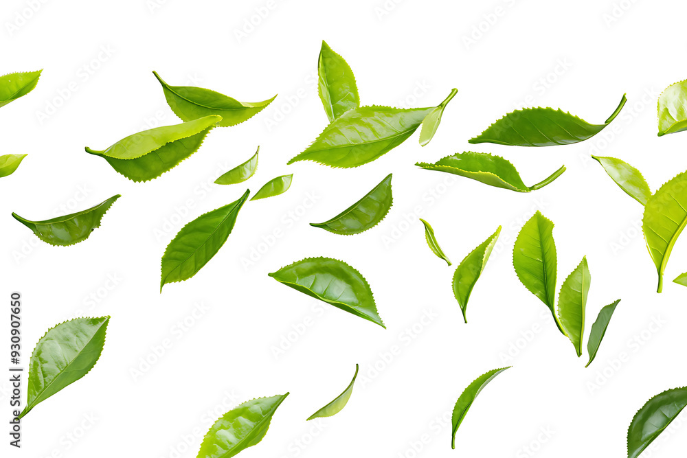 A vibrant arrangement of fresh green tea leaves scattered across a clean white background. The floating leaves create a dynamic, natural pattern with ample copy space A vibrant arrangement of fresh green tea leaves scattered across a clean white background. The floating leaves create a dynamic, natural pattern with ample copy space