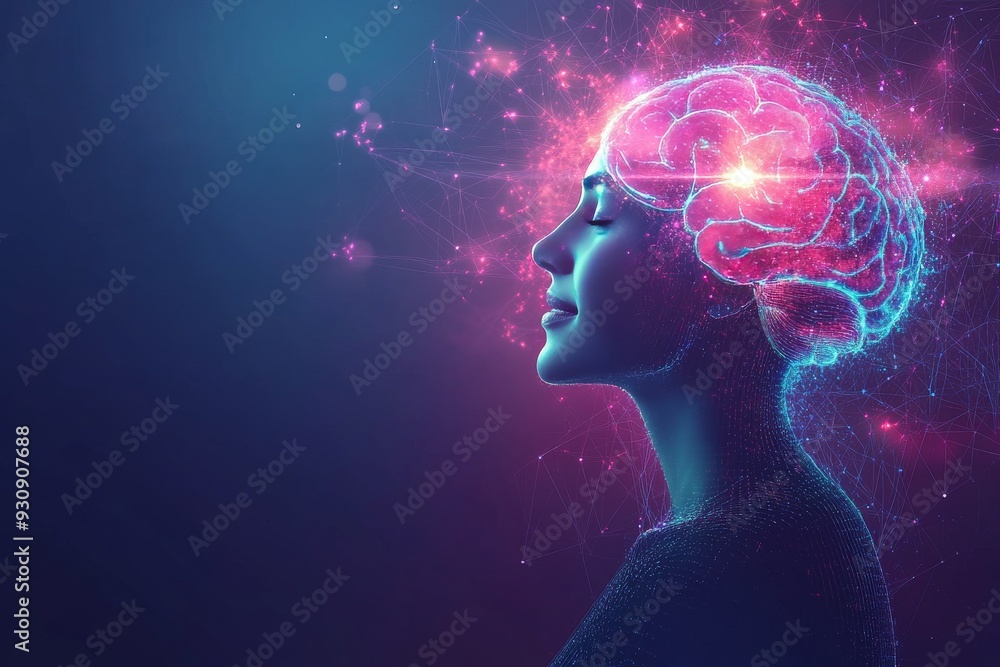 Profile of a woman with a glowing brain surrounded by a cosmic starry background symbolizing the limitless potential of the mind and the connection between thoughts and the universe Profile of a woman with a glowing brain surrounded by a cosmic starry background symbolizing the limitless potential of the mind and the connection between thoughts and the universe