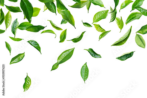 A vibrant arrangement of fresh green tea leaves scattered across a clean white background. The floating leaves create a dynamic, natural pattern with ample copy space