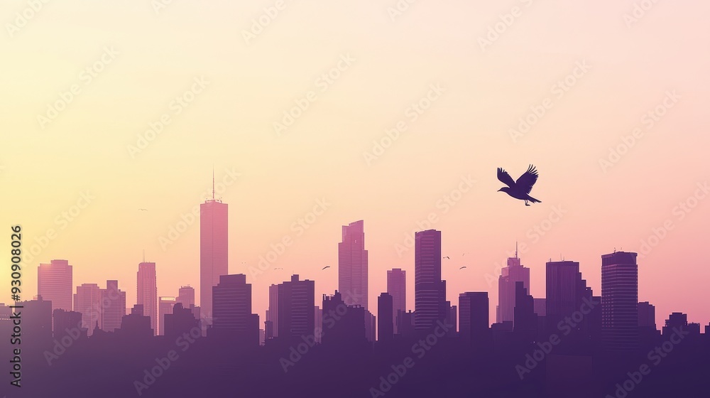 Cityscape Silhouette with Bird at Sunset Cityscape Silhouette with Bird at Sunset