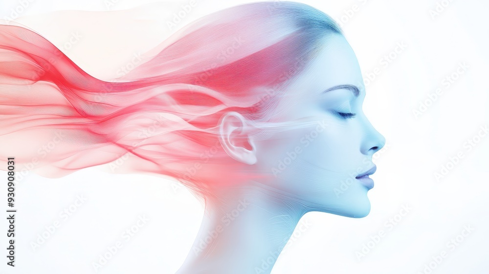 A woman's face is shown with a red and blue swirl around it A woman's face is shown with a red and blue swirl around it