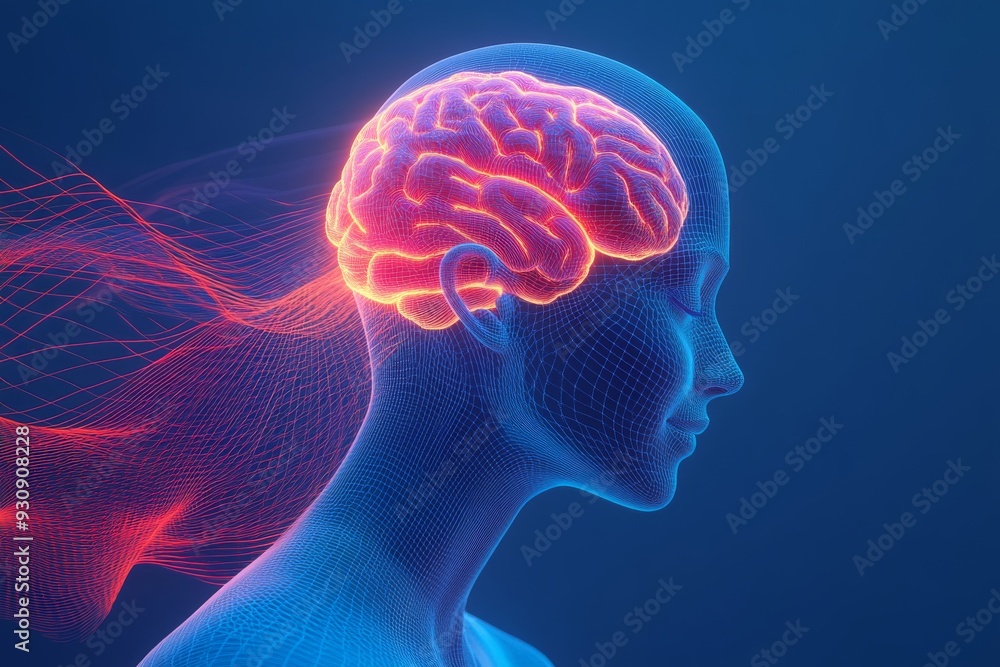 Digital illustration of a person with a glowing brain surrounded by swirling light patterns representing the synergy between technology creativity and cognitive processes in a futuristic world Digital illustration of a person with a glowing brain surrounded by swirling light patterns representing the synergy between technology creativity and cognitive processes in a futuristic world