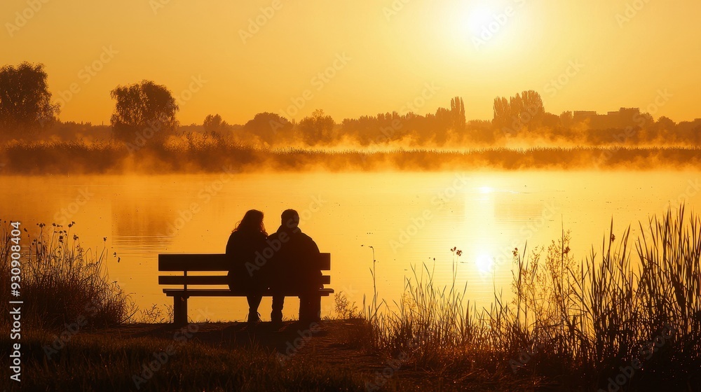Couple Silhouettes on Bench by Lake at Sunrise with Mist Couple Silhouettes on Bench by Lake at Sunrise with Mist