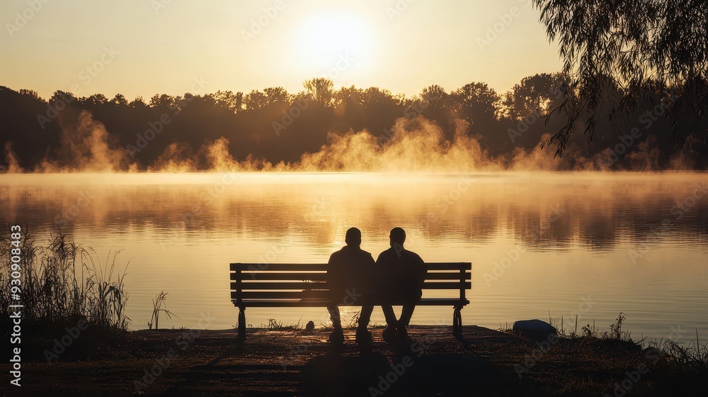 Fototapeta premium Silhouettes of Two People Sitting on Bench by Lake at Sunset