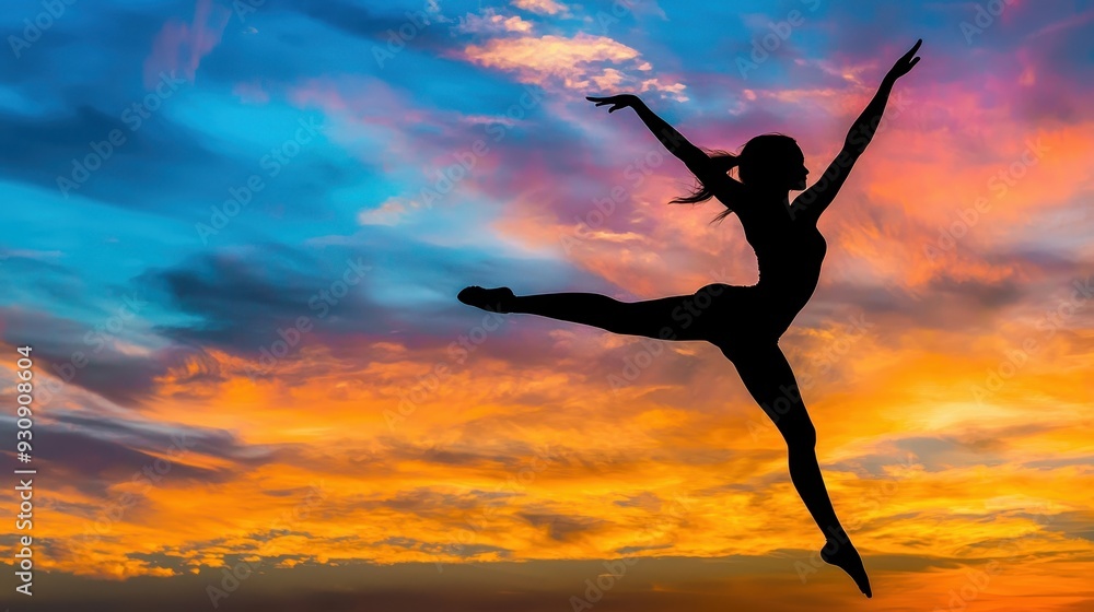 Woman Silhouette Dancing at Sunset with Dramatic Sky Woman Silhouette Dancing at Sunset with Dramatic Sky