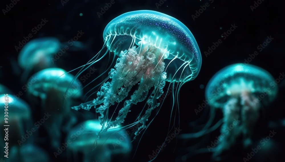 Naklejka premium Depict a cluster of bioluminescent jellyfish, their blue and green lights shimmering in the deep black sea