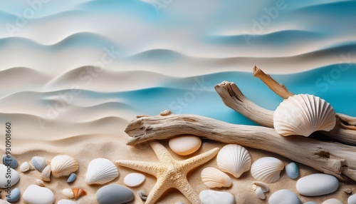 beach themed background with snags shells stones and sand photo