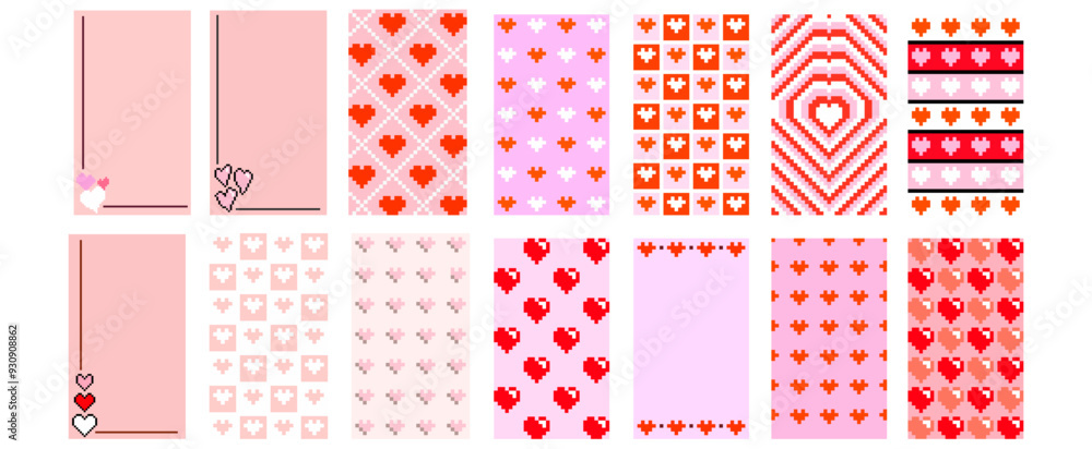Red, pink and white hearts pixel art. Vector illustration. Paper cut decorations for Valentine's day design Red, pink and white hearts pixel art. Vector illustration. Paper cut decorations for Valentine's day design