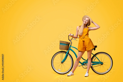 Wallpaper Mural Summer Plans. Portrait Of Pensive Cute Teen Girl Standing Next To Vintage Bike Over Yellow Background, Panorama With Copy Space Torontodigital.ca