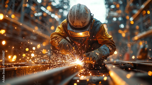 A dynamic construction site scene featuring welders, mechanics, and construction workers collaborating on a large-scale project,