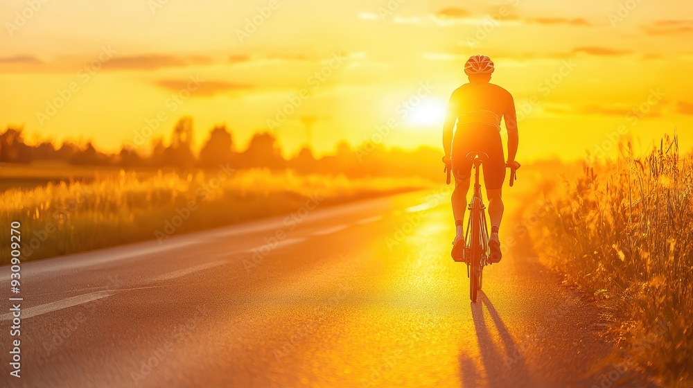 Cyclist Riding Towards Sunset on Country Road Cyclist Riding Towards Sunset on Country Road