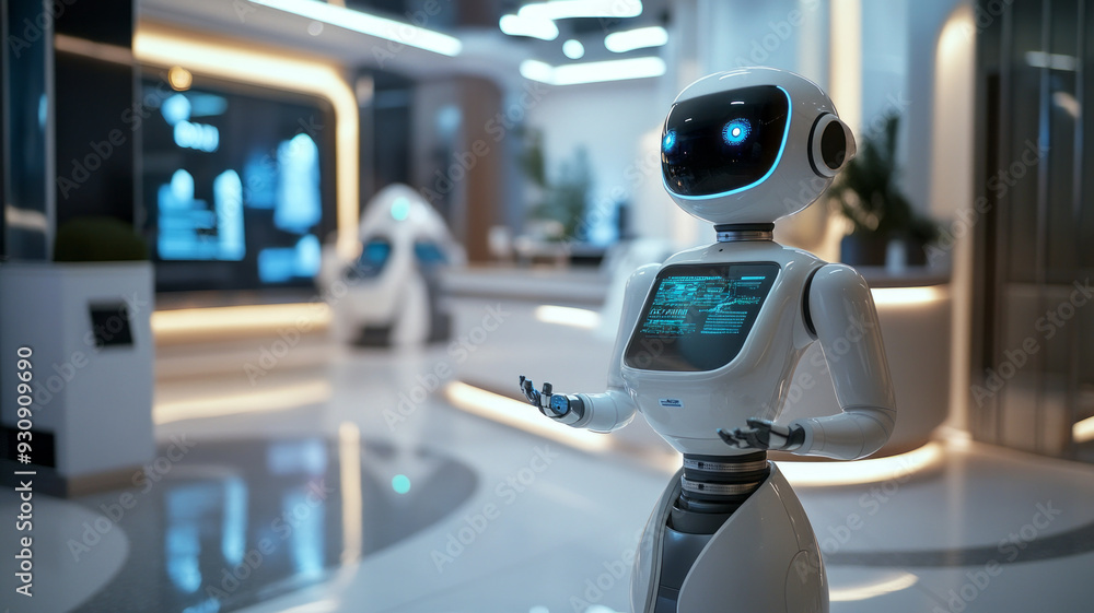 A futuristic service industry setting, with AI-powered robots assisting customers, holographic customer service interfaces, A futuristic service industry setting, with AI-powered robots assisting customers, holographic customer service interfaces,