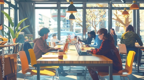 A group of young entrepreneurs brainstorms ideas at a café, surrounded by laptops, notebooks, and coffee cups, creating a vibrant and dynamic atmosphere. Generative AI