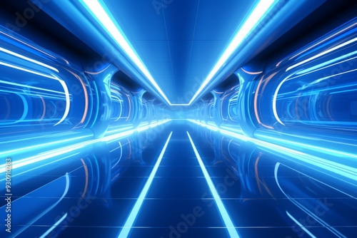 Futuristic Neon Tunnel: Abstract 3D Rendering of a Glowing Corridor