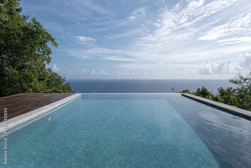 Fototapeta premium A stunning view from a private villa overlooking the ocean, featuring an infinity pool and breathtaking sunset