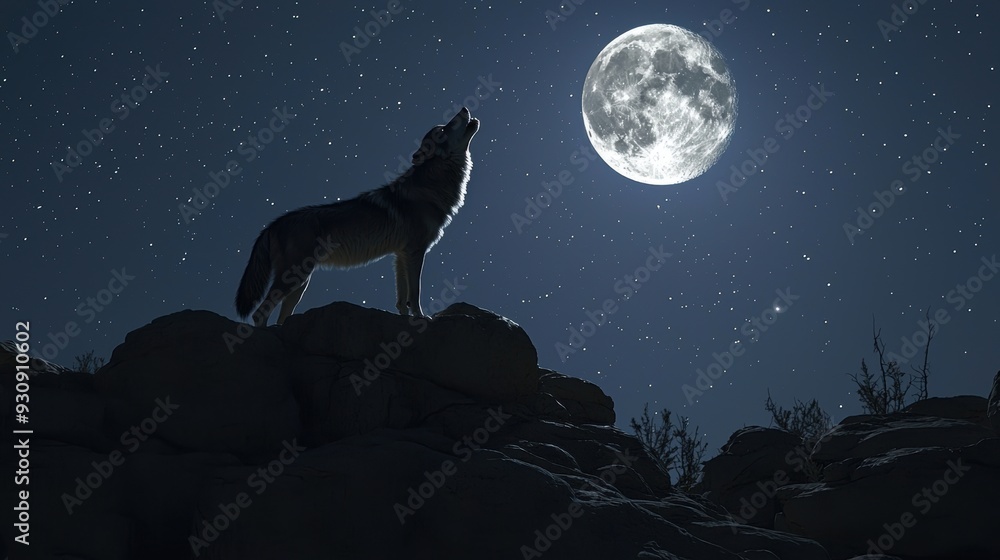 Wolf Howling at the Moon with Stars in the Night Sky Wolf Howling at the Moon with Stars in the Night Sky